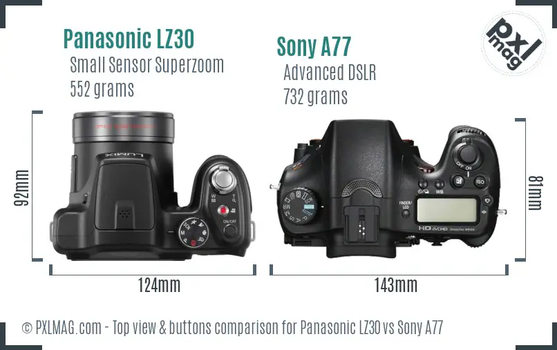 Panasonic LZ30 vs Sony A77 top view buttons comparison