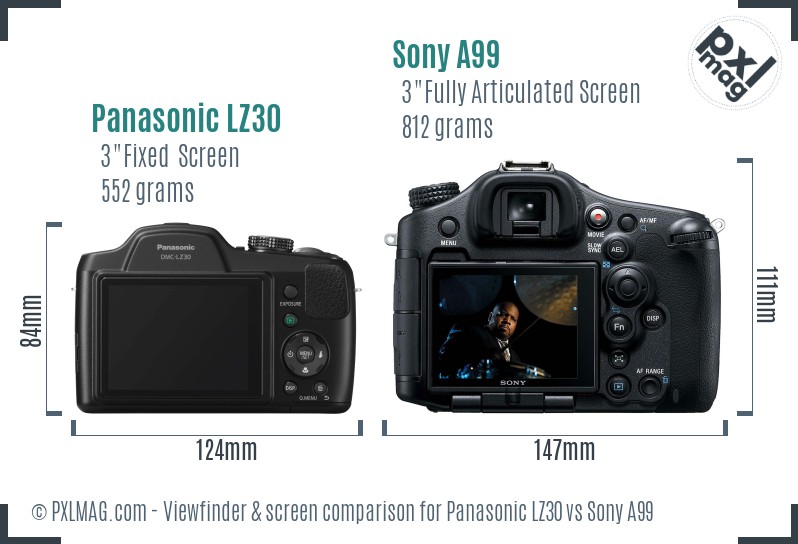 Panasonic LZ30 vs Sony A99 Screen and Viewfinder comparison