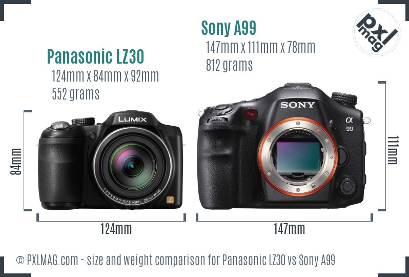 Panasonic LZ30 vs Sony A99 size comparison Panasonic LZ30 vs Sony A99 size comparison