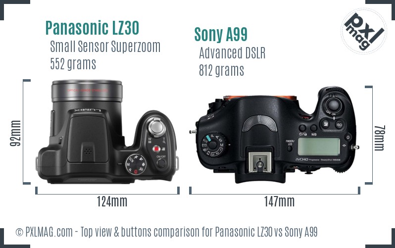 Panasonic LZ30 vs Sony A99 top view buttons comparison