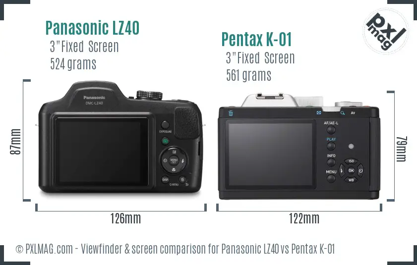 Panasonic LZ40 vs Pentax K-01 Screen and Viewfinder comparison