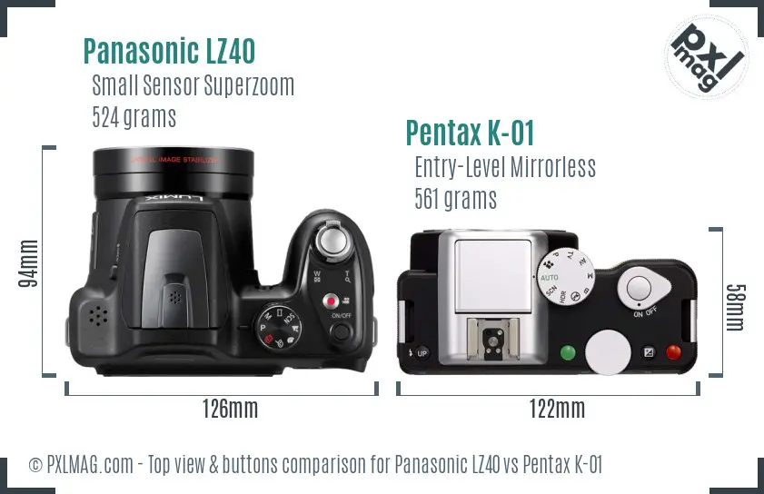 Panasonic LZ40 vs Pentax K-01 top view buttons comparison