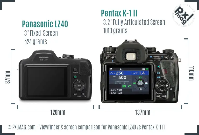 Panasonic LZ40 vs Pentax K-1 II Screen and Viewfinder comparison