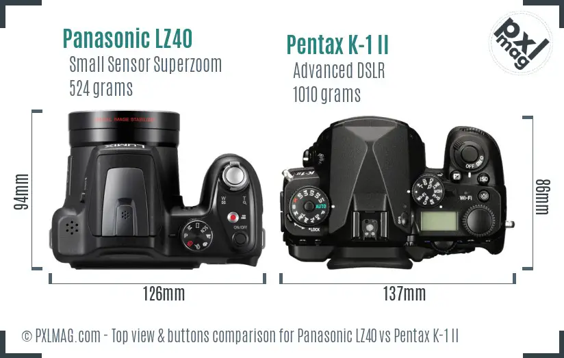 Panasonic LZ40 vs Pentax K-1 II top view buttons comparison