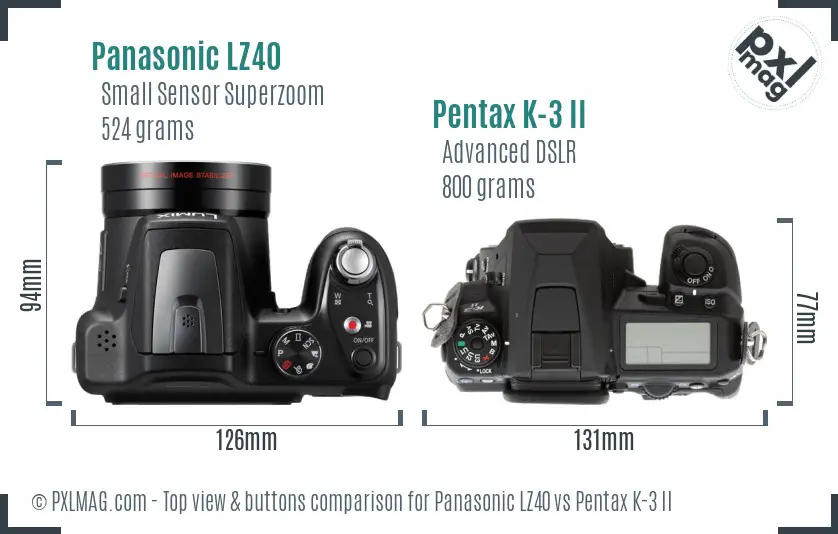 Panasonic LZ40 vs Pentax K-3 II top view buttons comparison