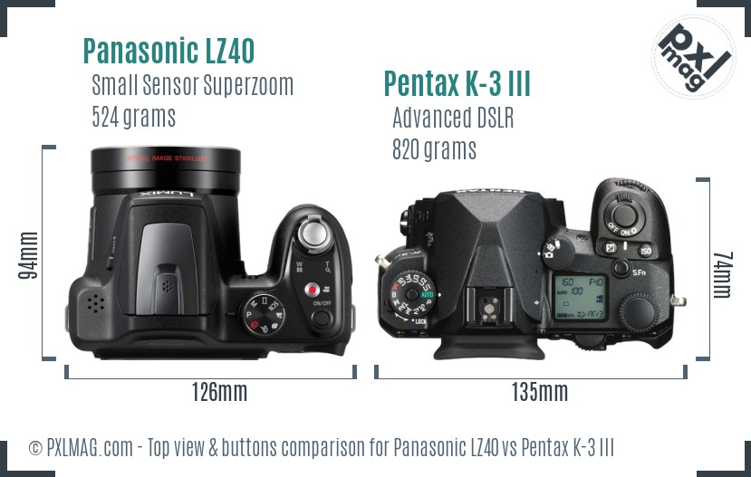 Panasonic LZ40 vs Pentax K-3 III top view buttons comparison