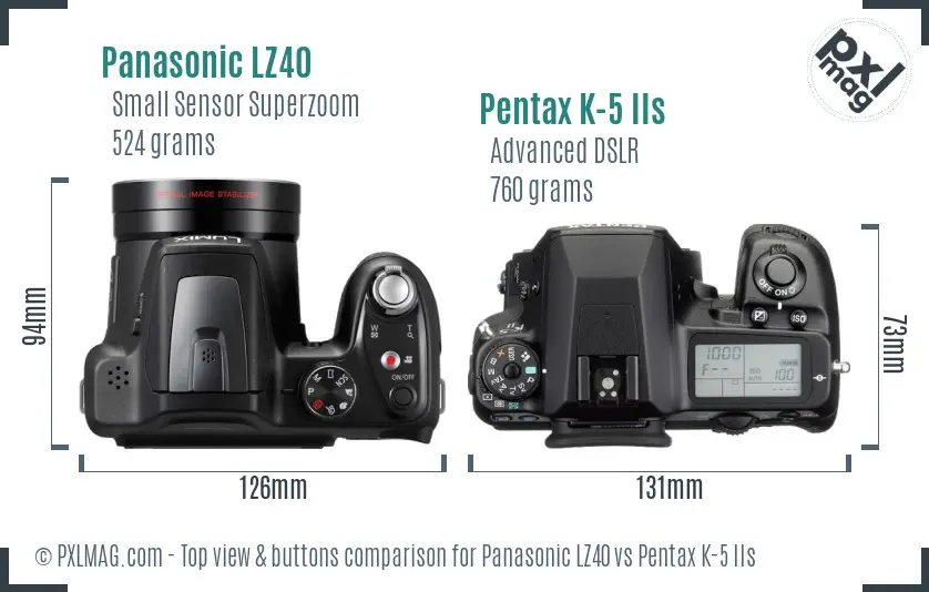 Panasonic LZ40 vs Pentax K-5 IIs top view buttons comparison