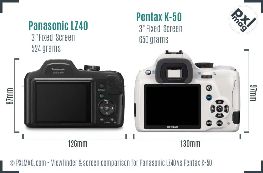 Panasonic LZ40 vs Pentax K-50 Screen and Viewfinder comparison