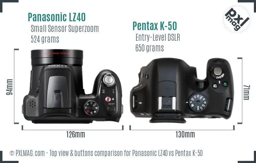 Panasonic LZ40 vs Pentax K-50 top view buttons comparison