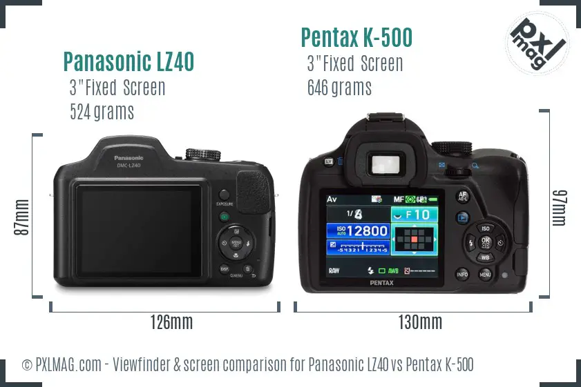 Panasonic LZ40 vs Pentax K-500 Screen and Viewfinder comparison