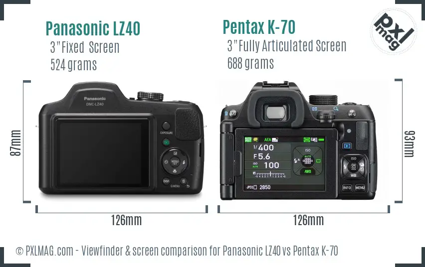 Panasonic LZ40 vs Pentax K-70 Screen and Viewfinder comparison