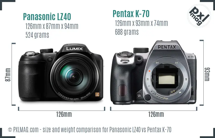 Panasonic LZ40 vs Pentax K-70 size comparison