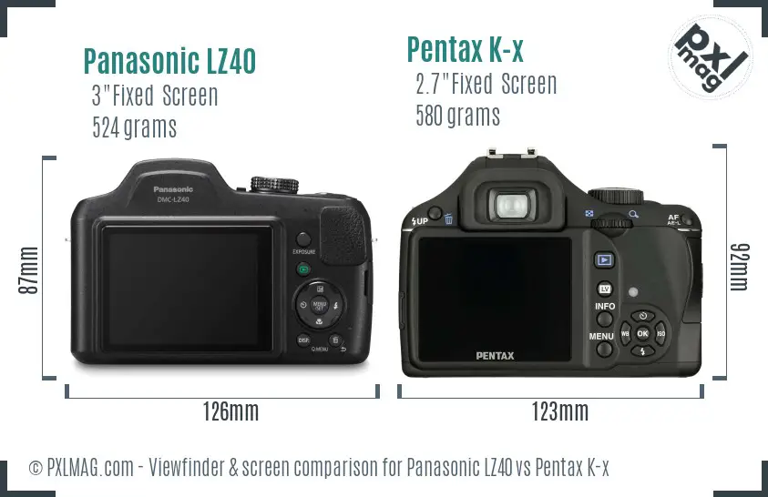 Panasonic LZ40 vs Pentax K-x Screen and Viewfinder comparison