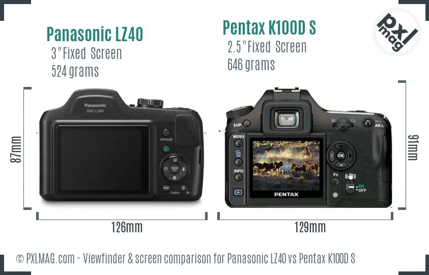 Panasonic LZ40 vs Pentax K100D S Screen and Viewfinder comparison
