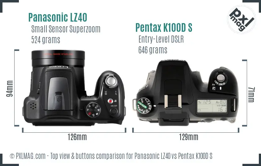 Panasonic LZ40 vs Pentax K100D S top view buttons comparison