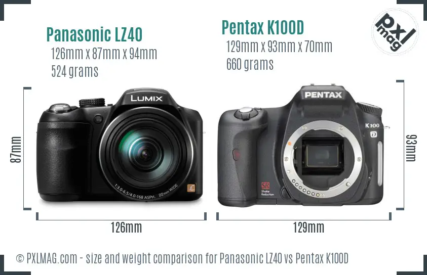 Panasonic LZ40 vs Pentax K100D size comparison