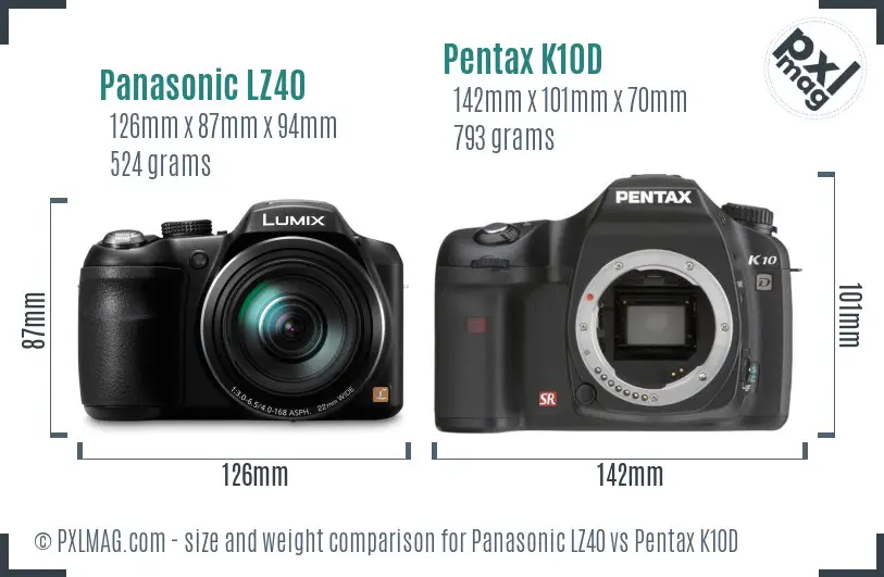 Panasonic LZ40 vs Pentax K10D size comparison