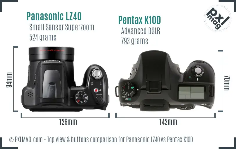 Panasonic LZ40 vs Pentax K10D top view buttons comparison