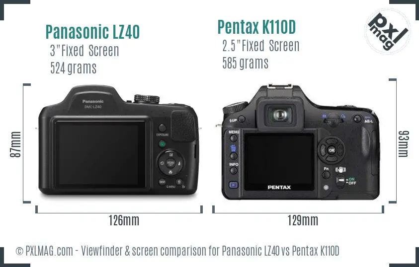 Panasonic LZ40 vs Pentax K110D Screen and Viewfinder comparison