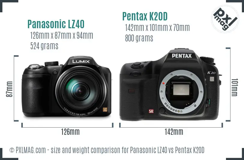 Panasonic LZ40 vs Pentax K20D size comparison