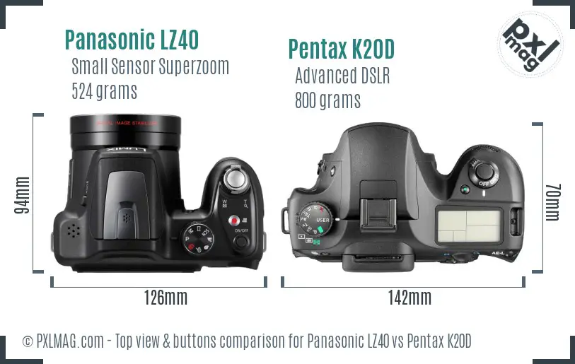 Panasonic LZ40 vs Pentax K20D top view buttons comparison