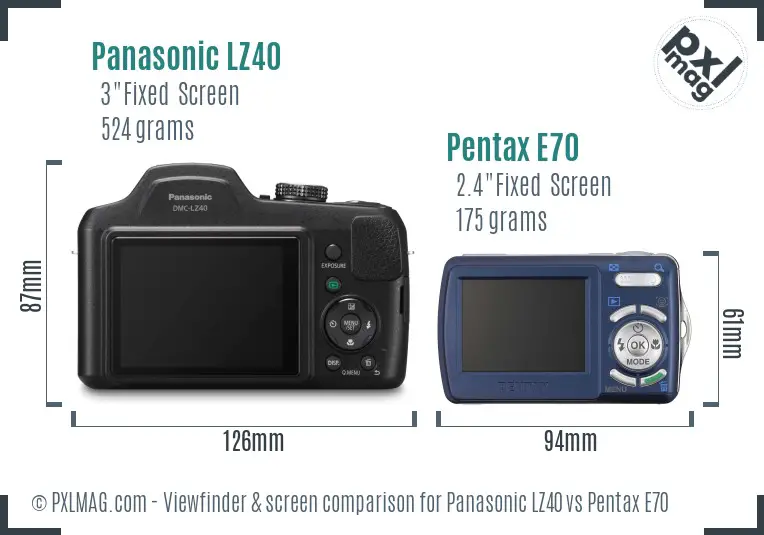 Panasonic LZ40 vs Pentax E70 Screen and Viewfinder comparison