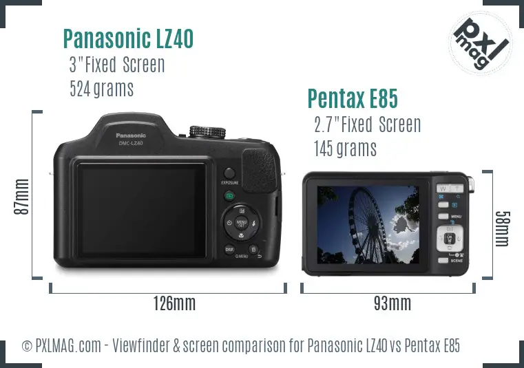 Panasonic LZ40 vs Pentax E85 Screen and Viewfinder comparison