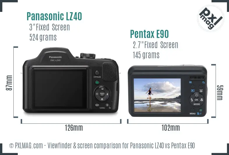 Panasonic LZ40 vs Pentax E90 Screen and Viewfinder comparison