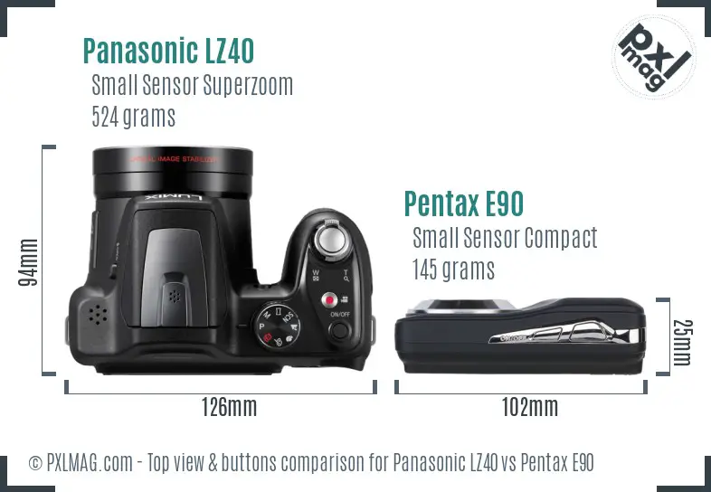 Panasonic LZ40 vs Pentax E90 top view buttons comparison