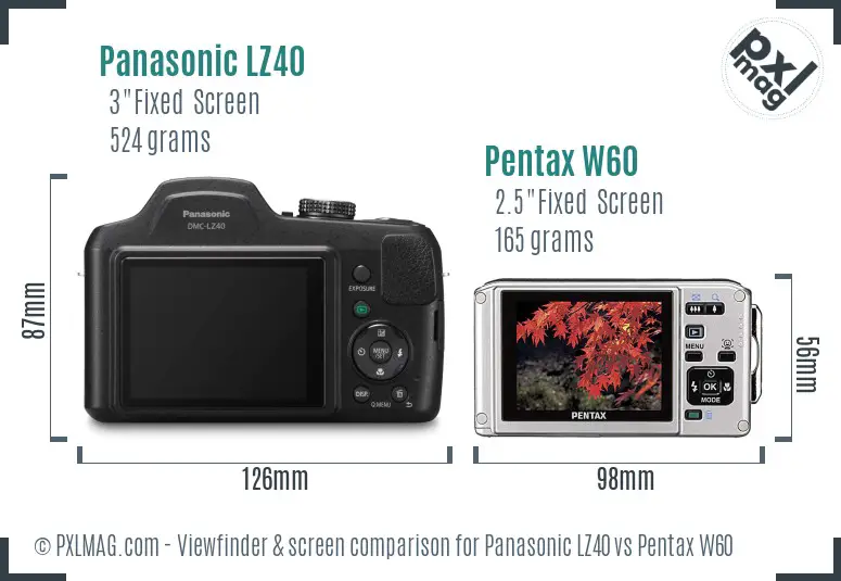 Panasonic LZ40 vs Pentax W60 Screen and Viewfinder comparison