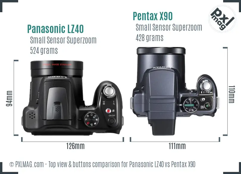 Panasonic LZ40 vs Pentax X90 top view buttons comparison Panasonic LZ40 vs Pentax X90 top view buttons comparison