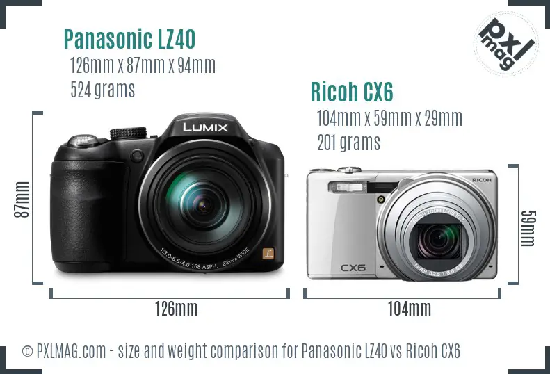 Panasonic LZ40 vs Ricoh CX6 size comparison