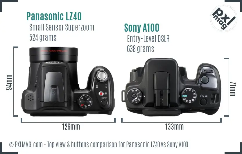 Panasonic LZ40 vs Sony A100 top view buttons comparison Panasonic LZ40 vs Sony A100 top view buttons comparison