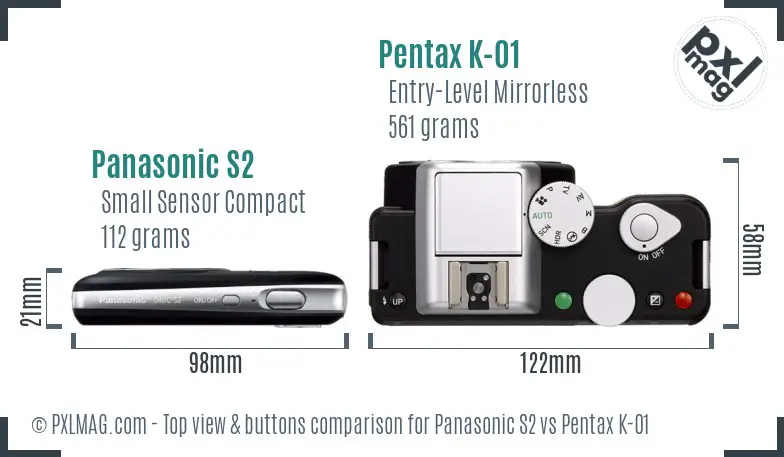 Panasonic S2 vs Pentax K-01 top view buttons comparison