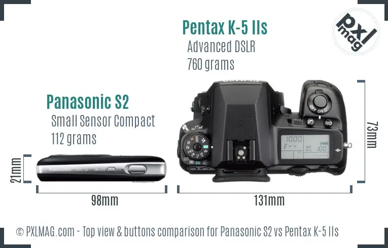 Panasonic S2 vs Pentax K-5 IIs top view buttons comparison