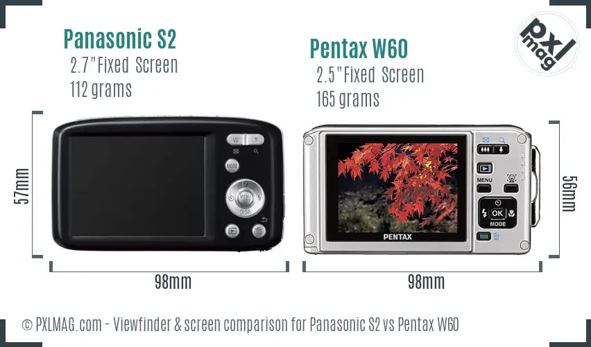 Panasonic S2 vs Pentax W60 Screen and Viewfinder comparison