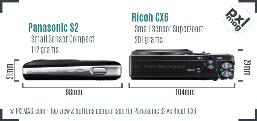 Panasonic S2 vs Ricoh CX6 top view buttons comparison