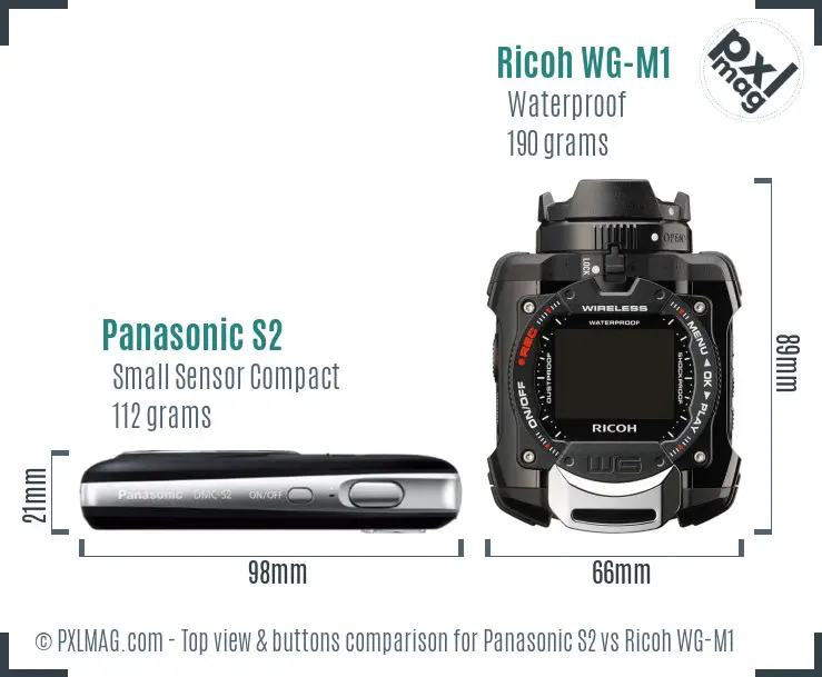 Panasonic S2 vs Ricoh WG-M1 top view buttons comparison Panasonic S2 vs Ricoh WG-M1 top view buttons comparison
