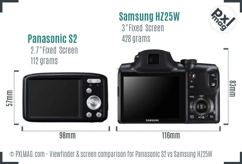 Panasonic S2 vs Samsung HZ25W Screen and Viewfinder comparison