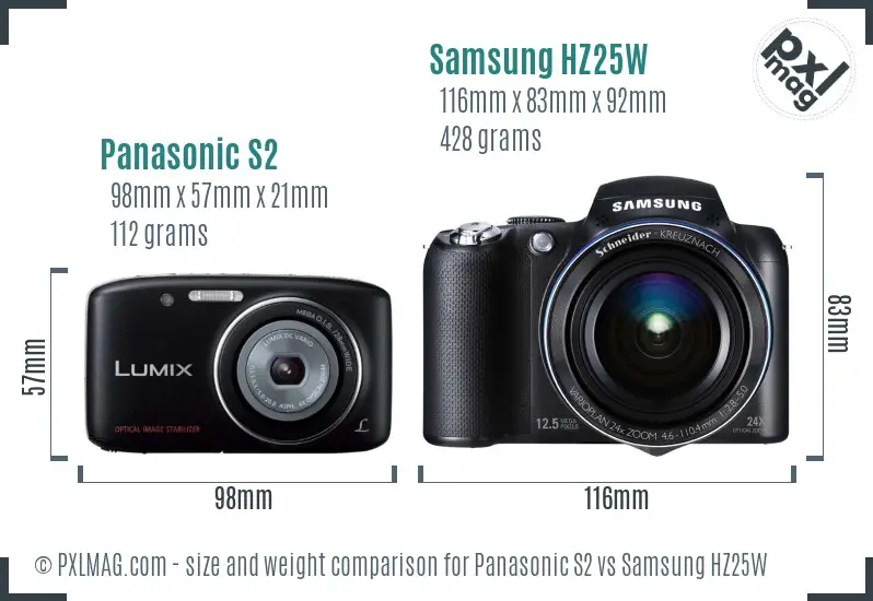 Panasonic S2 vs Samsung HZ25W size comparison