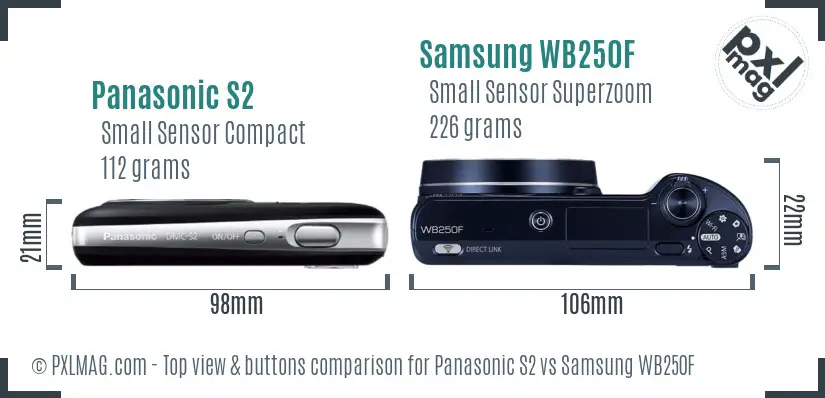 Panasonic S2 vs Samsung WB250F top view buttons comparison