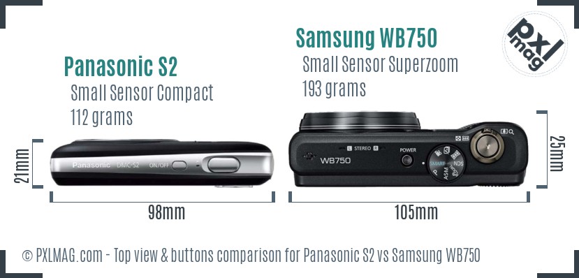 Panasonic S2 vs Samsung WB750 top view buttons comparison