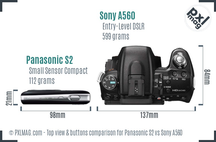 Panasonic S2 vs Sony A560 top view buttons comparison