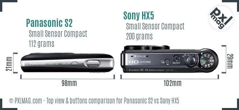 Panasonic S2 vs Sony HX5 top view buttons comparison