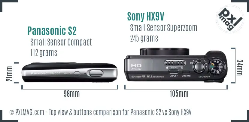Panasonic S2 vs Sony HX9V top view buttons comparison Panasonic S2 vs Sony HX9V top view buttons comparison