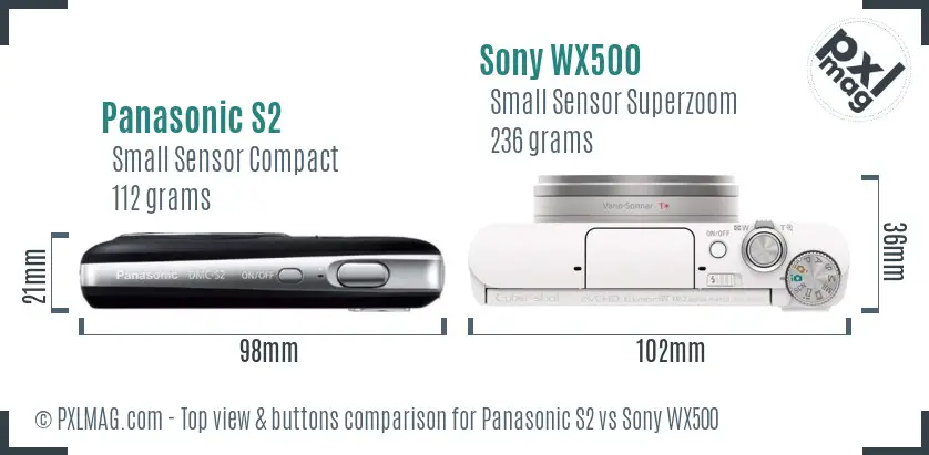 Panasonic S2 vs Sony WX500 top view buttons comparison Panasonic S2 vs Sony WX500 top view buttons comparison