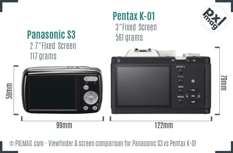 Panasonic S3 vs Pentax K-01 Screen and Viewfinder comparison