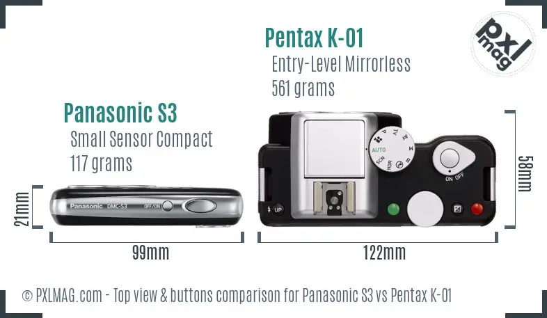 Panasonic S3 vs Pentax K-01 top view buttons comparison