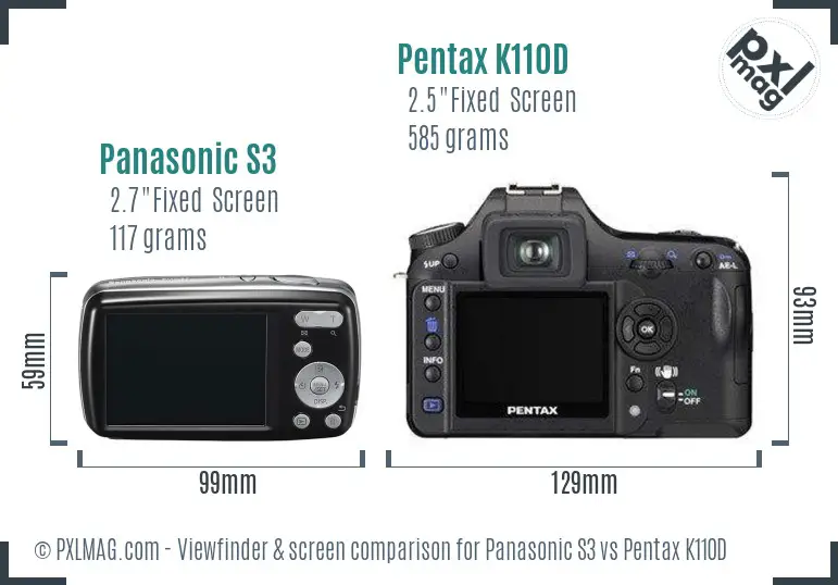 Panasonic S3 vs Pentax K110D Screen and Viewfinder comparison