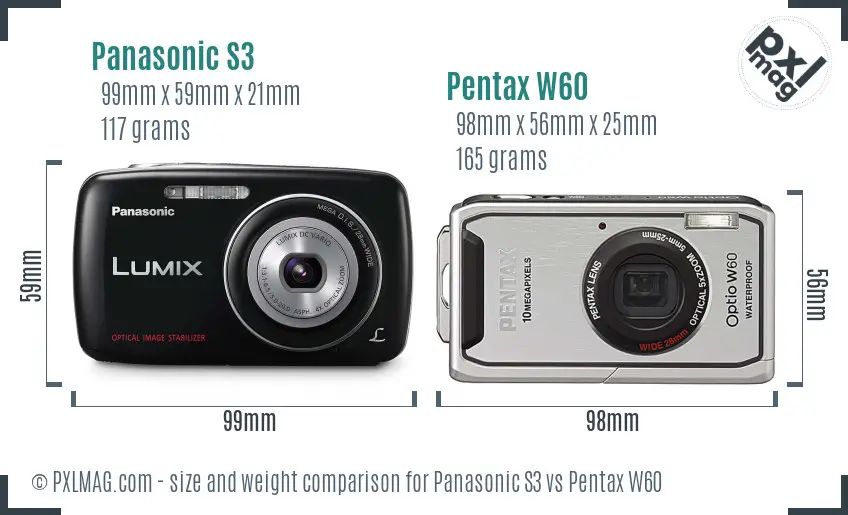Panasonic S3 vs Pentax W60 size comparison